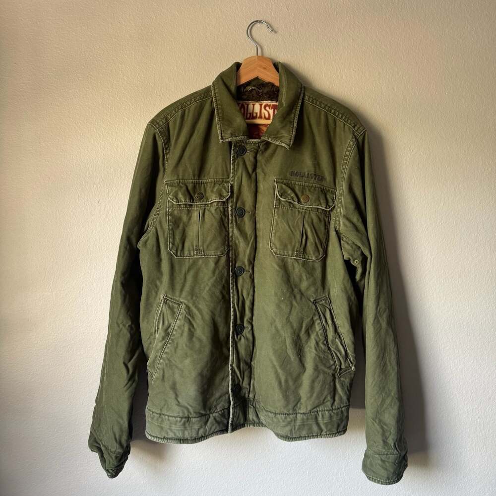 Hollister Olive Green Military Field Jacket Faux Shearling Lined Distressed